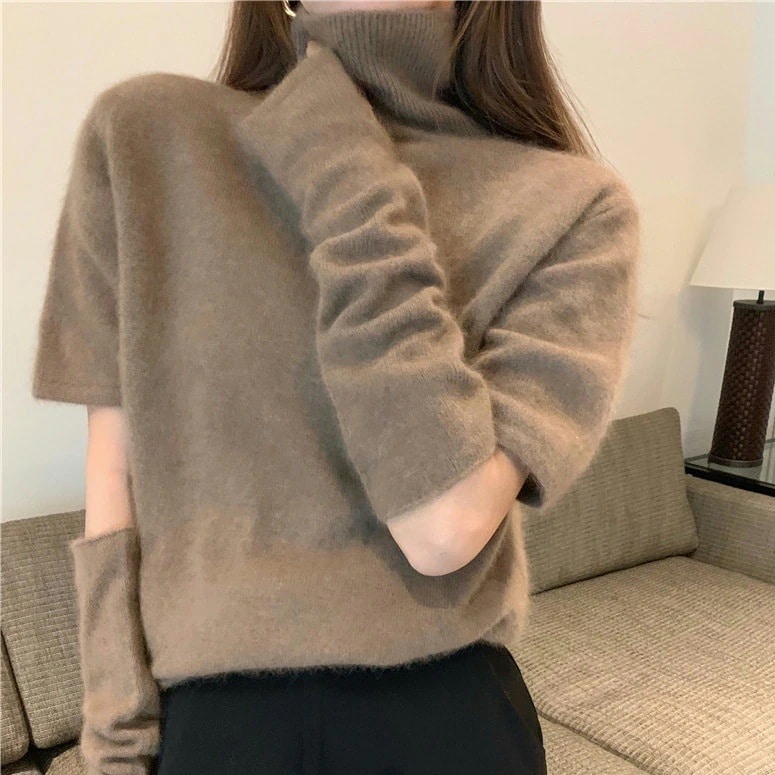 ３色 トップス ニット セーター プルオーバー レディース 秋冬 きれいめ ショート丈 半袖 萌袖 タートルネック ふわふわ プルオーバー 色展開 ブラウン ベージュ ネイビー S M L かわいい