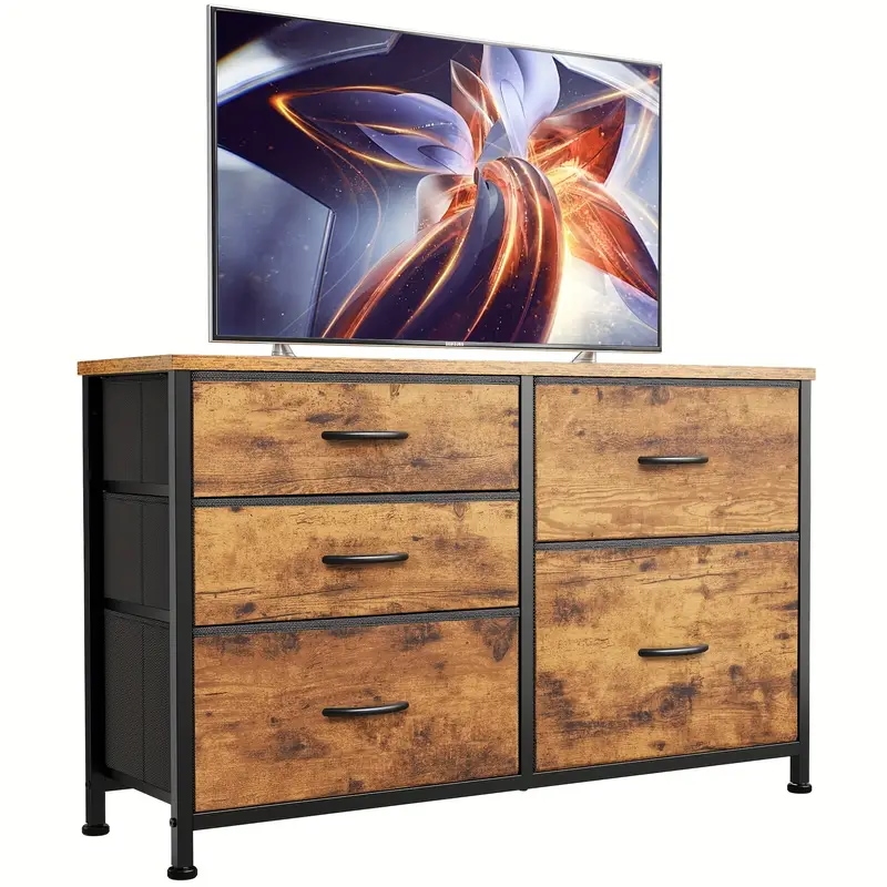 3段ドレッサー＆TVスタンド キャスター付き - レトロなラスティックウッド＆メタル収納キャビネット幅99.06cm×奥行29.97cm×高さ60.96cm5引き出しリビングルーム・寝室・オフィス