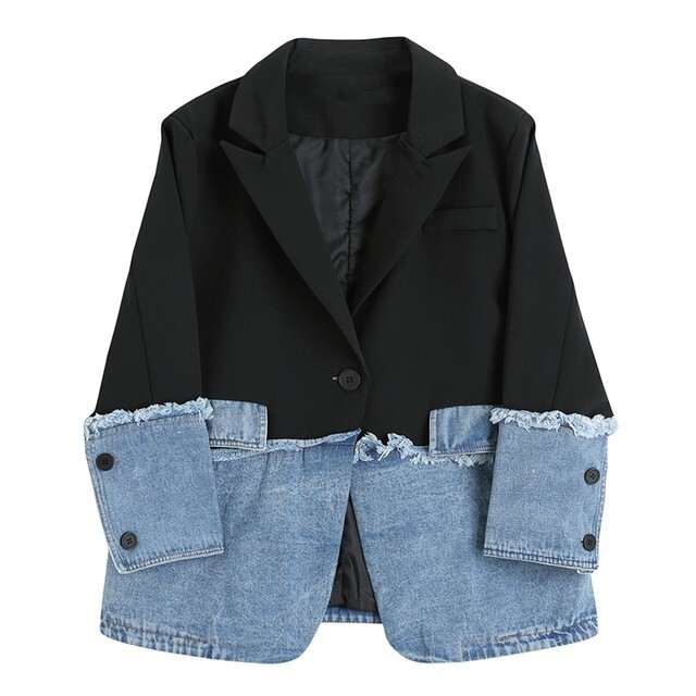 【送料無料】レディース スーツカラー 切り替えデニム ルーズジャケット オールマッチカラー