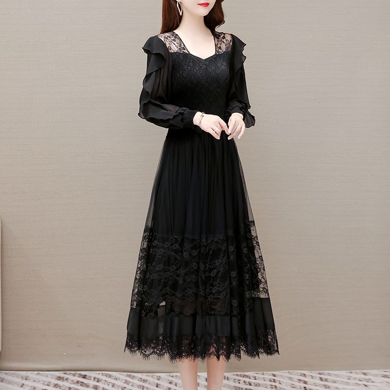 今年人気のスカート2025春秋レディース長袖ブラックメッシュレースロングワンピース
