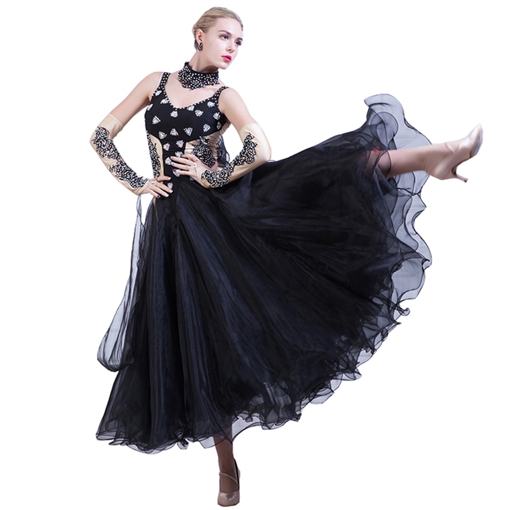 社交ダンス モダンドレス ワンピースドレス 大きい裾 豪華 演出服 ブラック スタンダードドレス キラキラビジュー付き レッド インターナショナルダンス ホワイト 競技会 ワルツ服 練習着 競技用 ス 8,145円
