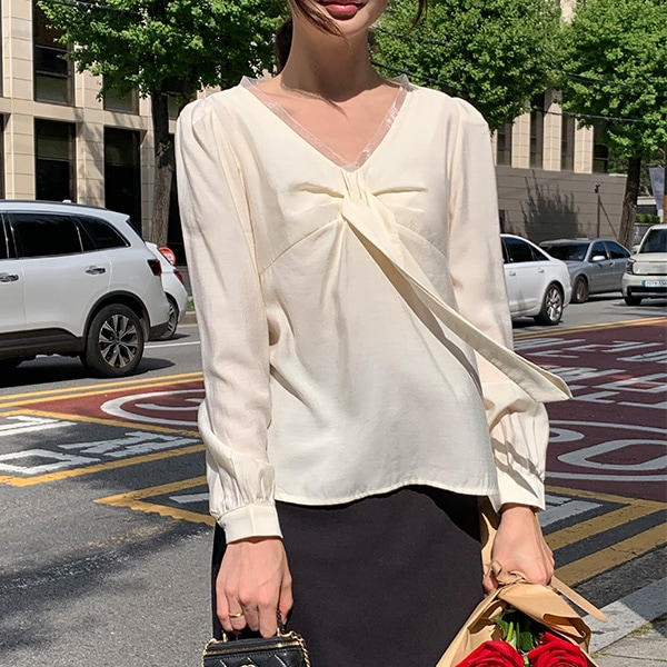 (ロマンティックムード / リボンタイポイント*.*) ソニエ オーガンザ レイヤード リボンタイ パフスリーブ 長袖ブラウス bs8462