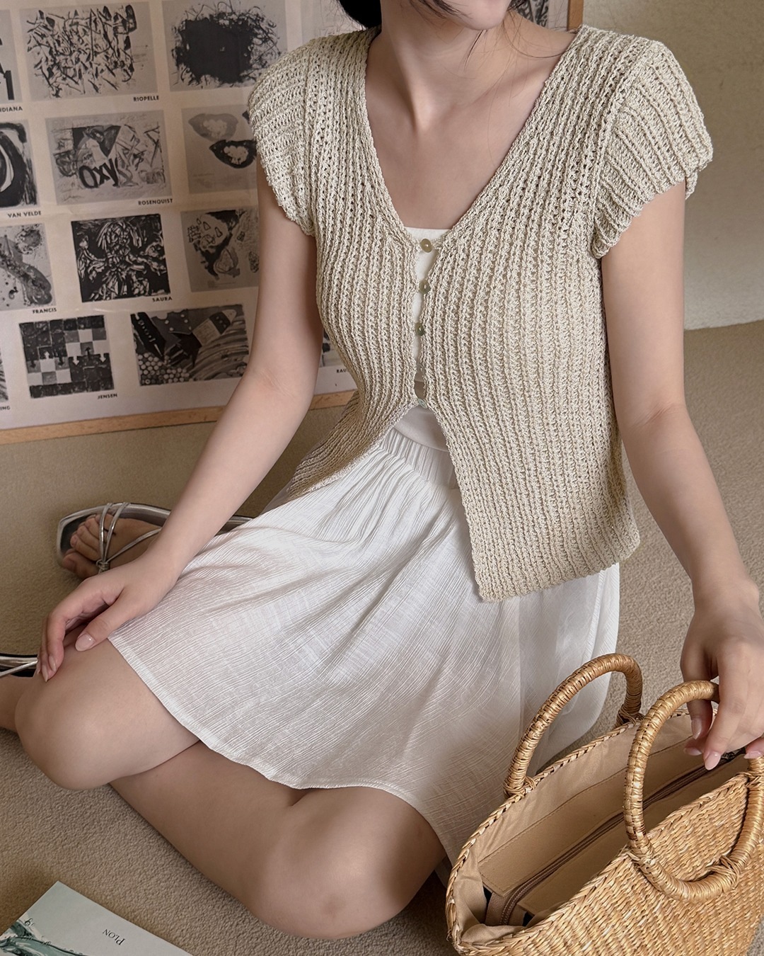 ポアンキャップ袖ニットカーディガン韓国ファッション レディース