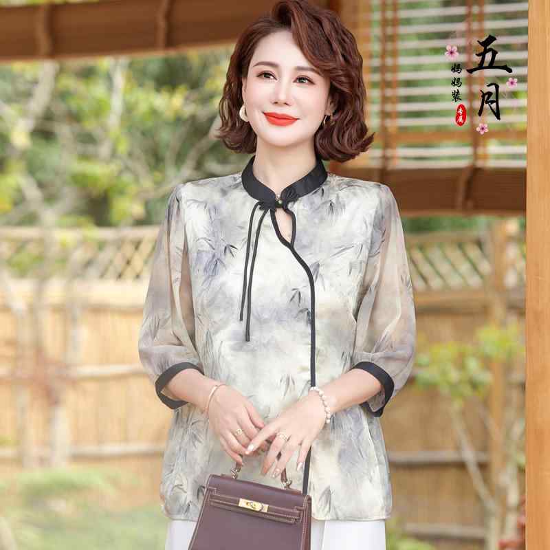 ミセス ファッション おしゃれ 婦人服 上品 淑女 レディース 夏 トップス チャイナ風 半袖 Tシャツ 夏 痩せ型