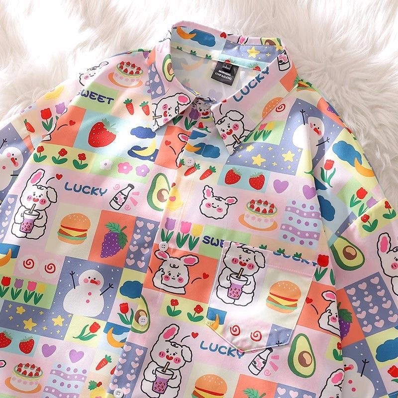 かわいいレトロキャラクター半袖シャツ ハワイアン オーバーサイズ ユニセックス335