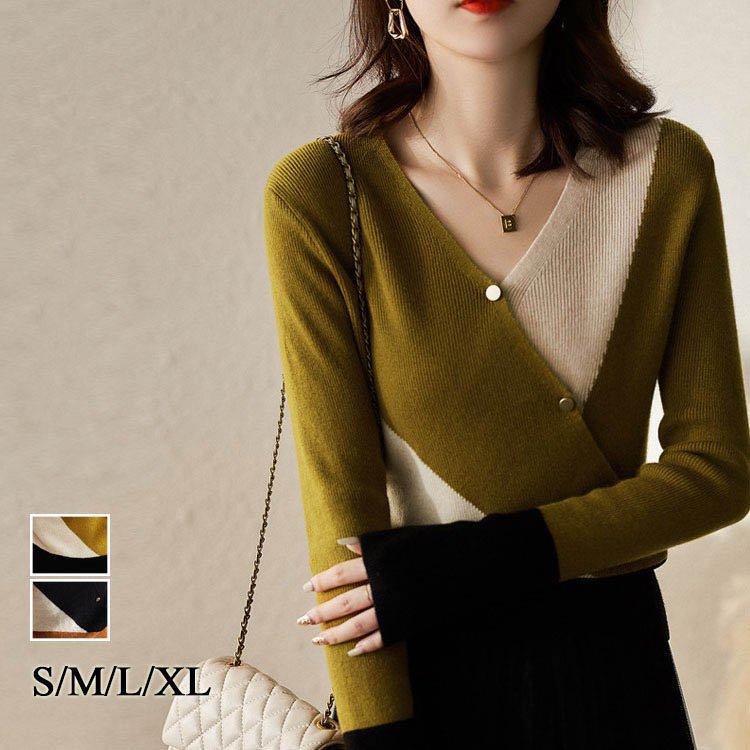 レディース 秋冬 ニットセーター ニットソー 長袖 Vネック セータートップス 配色ニットセーター ニット プレゼント韓国風 大人可愛い 着痩せ