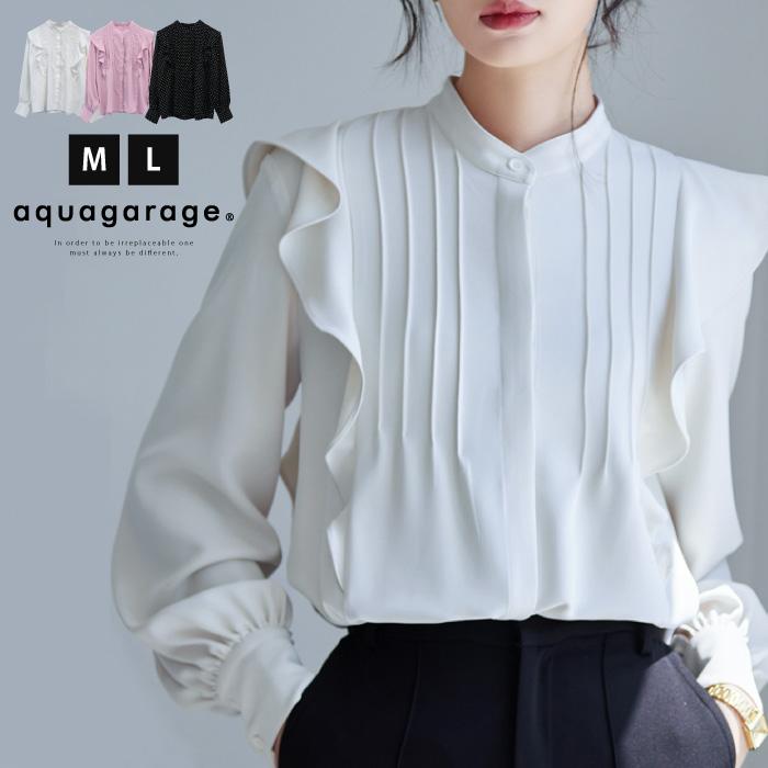 【迅速出荷】販売最低価 ! タックフリルバンドカラーブラウス 春 秋 冬 M L