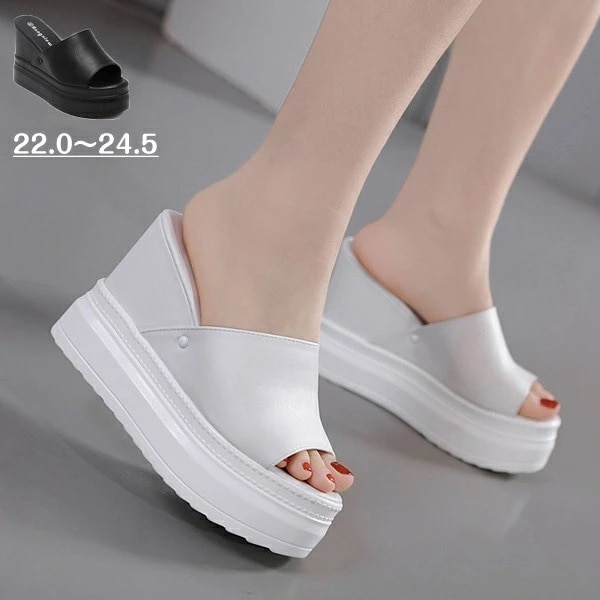 【夏セール！】厚底 サンダル ミュール ヒール10.5cm 2colors ブラック ホワイト ウエッジソール 普段履き サマー カジュアル かわいい 夏 シューズ 22.0/22.5/23.0/23