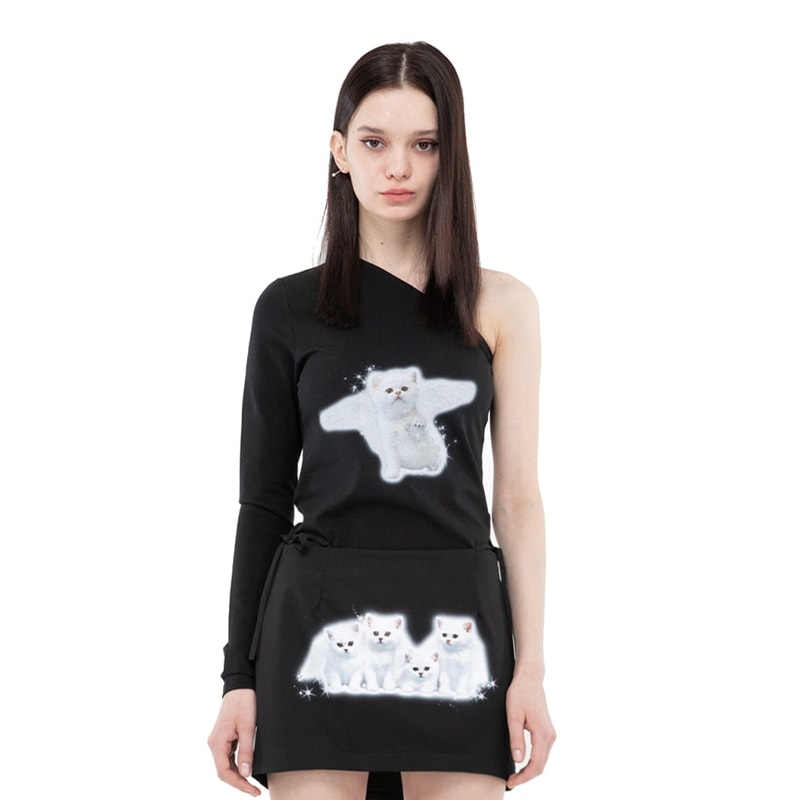 ANGEL CAT CUT OUT ONE SHOULDER T-SHIRTS BLACK