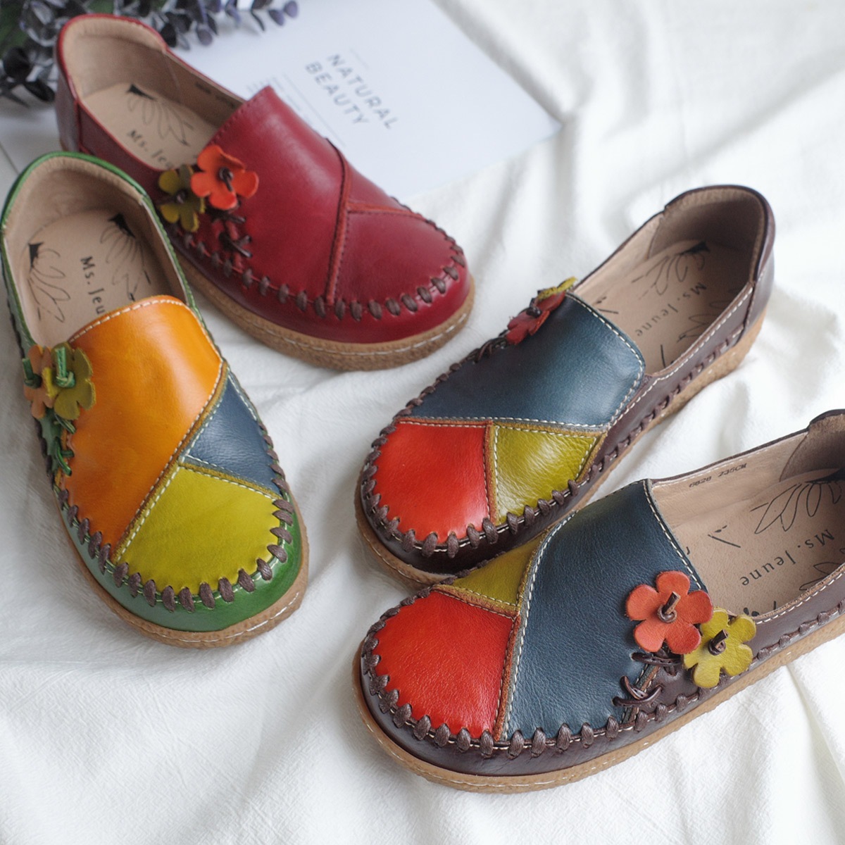 パッチワークデザイン本革スリッポンフラワーモチーフ レディース