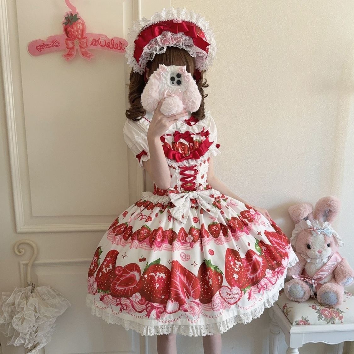 Lolitaかわいいいちごパーティーjskワンピースロリータ大童ストラップセット女子甘いローリスカート