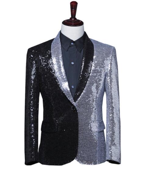 メンズスパンコールジャケット　スパンコールスーツジャケット　黒銀切替配色　個性溢れるスパンコールタキシード　燕尾服　結婚式パーティーイベント年会コスプレスーツ　舞台ステージ服　紳士服　ダンスウエア　送 4,982円