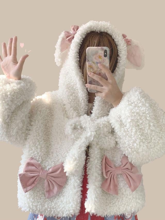 【短納期】ホワイトロリータコートポンポンボウポリエステルオーバーコートカラーブロックボウロリータアウトウェア