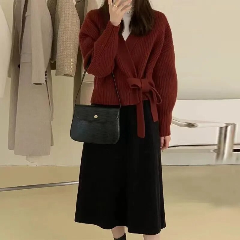 女性用Vネックレースアップ不規則カーディガン,ニットセーター,カジュアルウェア,韓国ファッション,シックなデザイナーカーディガン,秋冬,2023 赤い ワインサイズ