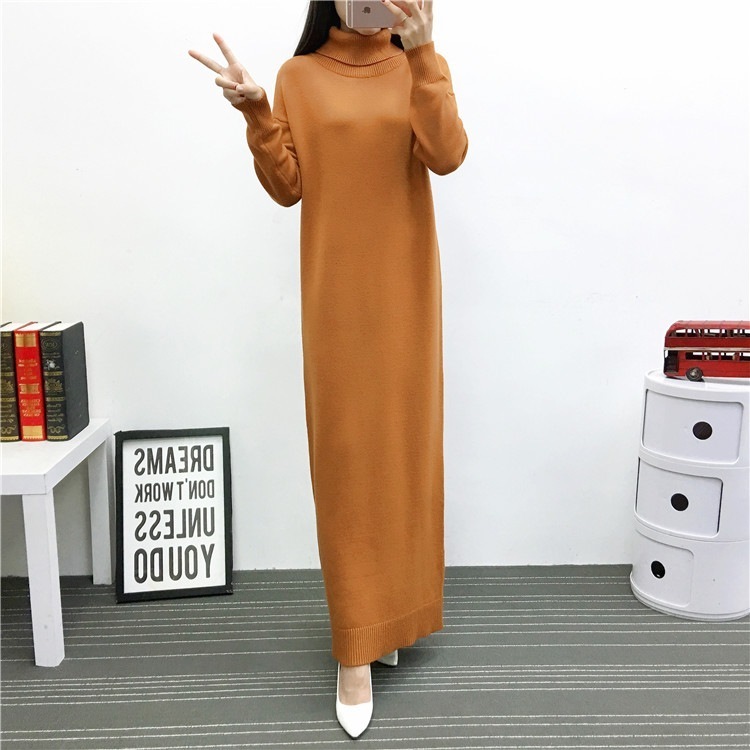春と冬の超ロングニットワンピース女性膝丈プルオーバー緩い薄い長い段落の韓国語バージョンはハイネックセータースカートを厚化粧