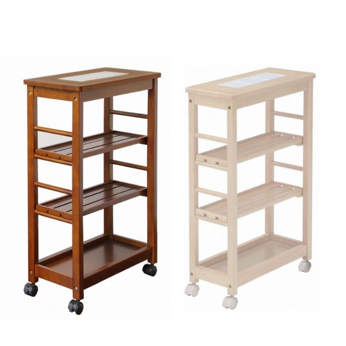 スリムワゴン キッチンワゴン W-1874 ワゴン ラック ４段 25cm 収納棚 キャスター付 スリム 省スペース 作業台 隙間収納 市場 棚 天然木 タイル