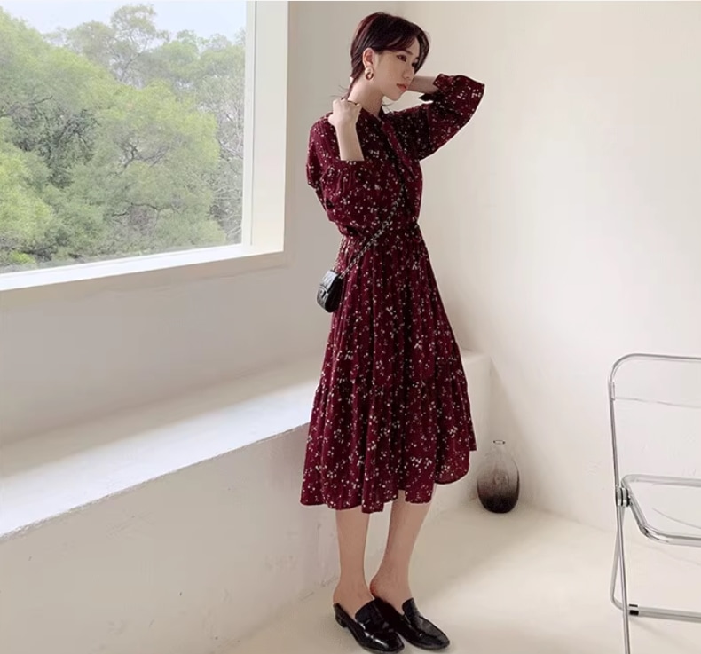 ワンピース レディース ロングワンピース きれいめ 花柄ワンピース ミモレ丈 リボン おしゃれ 着痩せ OL 通勤 大きいサイズ 春 夏 長袖 フリーサイズ