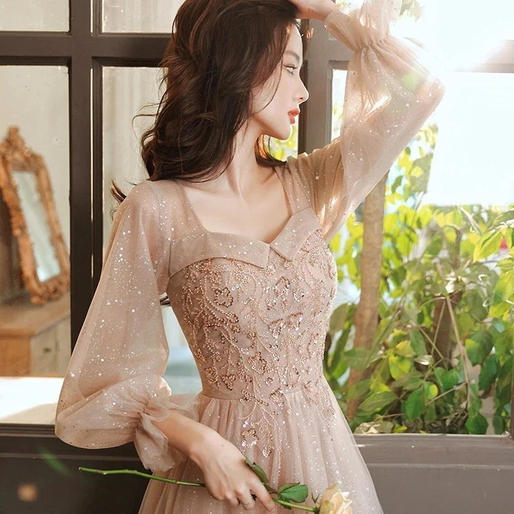 【Q10限定韓国ワンピース ドレス】 パーティードレス 誕生日 演奏会 花嫁 司会 イブニングドレスのドレス女性2025新しいホスト長袖宴会イブニングドレスメガ割カラコンサンダル f Yt ハニーズ