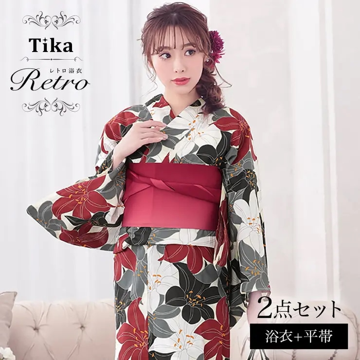 Tika 多色百合模様浴衣2点セット レディース浴衣 平帯 レトロ浴衣 和服 和装 FREE ホワイト×ボルドー 久保七瀬