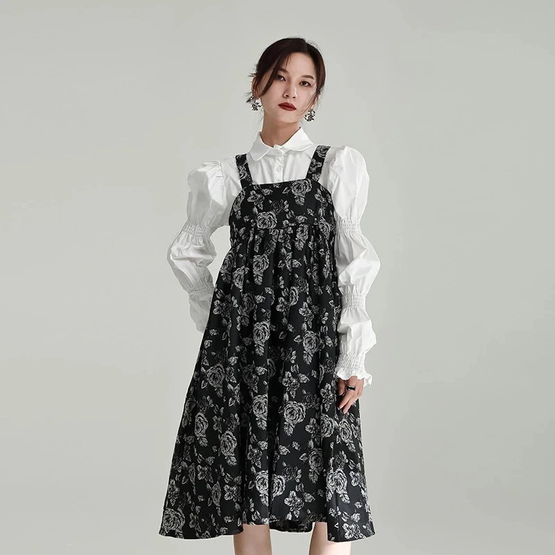 送料無料 春のワンピース 日系 花柄 サロペットスカート 高級 気質 着痩せ Aラインワンピース 2025福袋