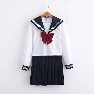 学生服白色長袖＋ネイビースカート＋赤色蝶結び 上下セット セーラー服　女子制服　JK制服　コスプレ