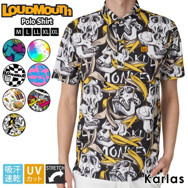 ラウドマウス ゴルフウェア トップス ポロシャツ メンズ 春夏 半袖 吸汗速乾 ドライ UVカット 紫外線対策 ストレッチ 伸縮性 総柄
