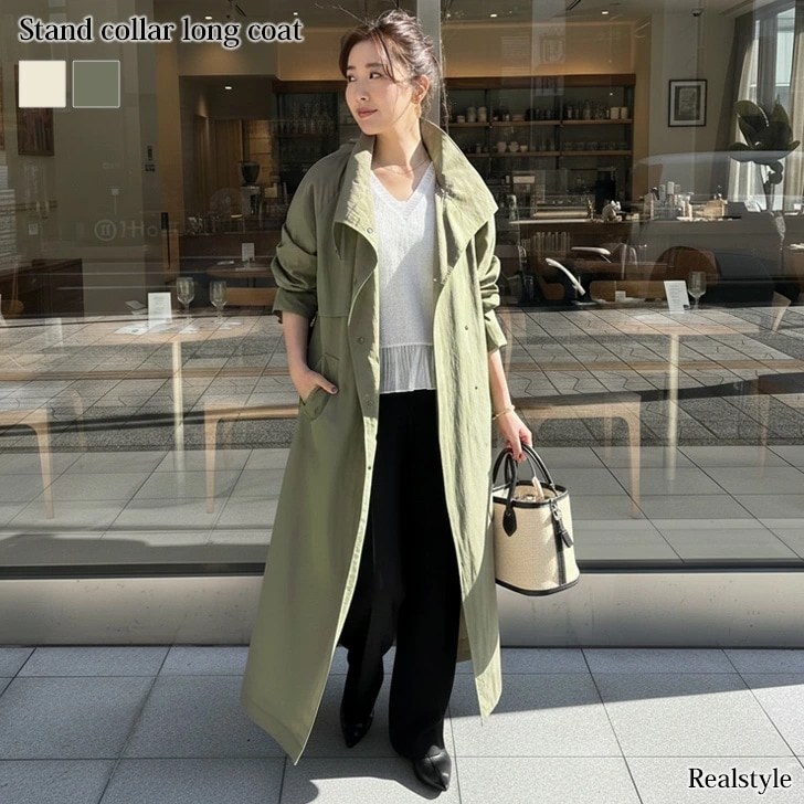 ワッシャータフタスタンドカラーベルテッドロングコート レディース アウター 春 薄手 ロング丈 トレンチコート ミリタリーコート スタンドカラーコート おしゃれ 上着 カジュアル 高身長