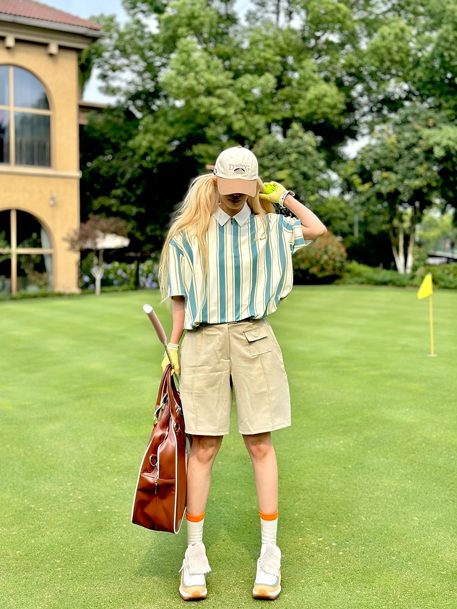 ゴルフウェア レディース スポーツウェア ハーフパンツ ズボン 半袖 ゆったり POLO ポロシャツ Tシャツ 上下セット カーキ グリーン 女性 テニスウェア 速乾 通気性 春 夏 韓国風 おしゃれ