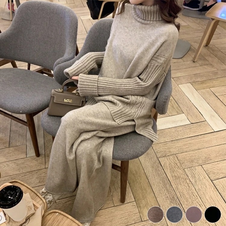 ニットアップ レディース ニット セットアップ 上下 パンツ タートルネック おしゃれ ゆったり 厚手 セーター 秋 冬 ケーブル編み 部屋着 ルームウエア ラウンジウエア エレガント ブラック キャ
