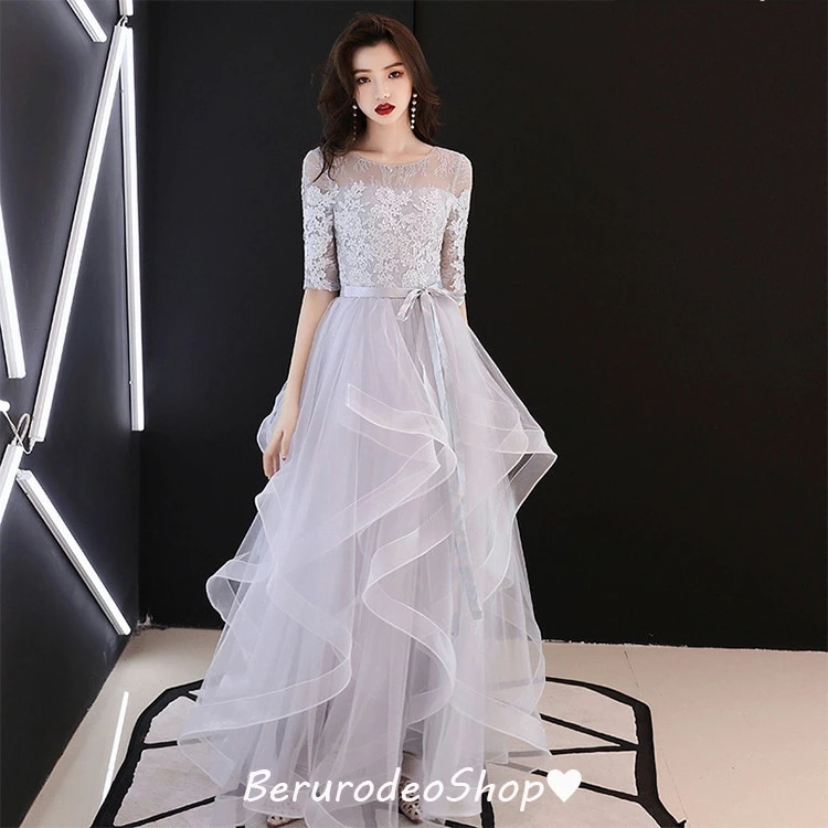 まとめ買い得イブニングドレス レース 黒 グレー シャンパン色 ロングドレス 発表会ドレス 30代 40代 パーティードレス Aライン ロング丈 7分袖 結婚式ドレス 二次会ドレス お呼ばれドレス 紗