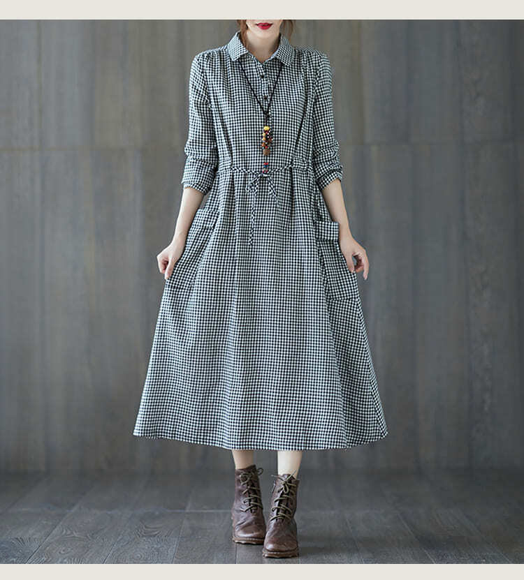 ワンピース レディース 春 秋 30代 40代 50代 60代 若みせ きれいめ 長袖 ロング 体型カバー おしゃれ 韓国 上品 チェック 格子柄 カジュアル 同窓会
