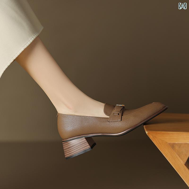 ローファー レディース オフィス ビジネス 通勤 仕事 春秋 太い ヒール 女性用 茶色 ハイヒール 尖った つま先 女性用 高級感 シープスキン 深口 シングル シューズ 7,769円