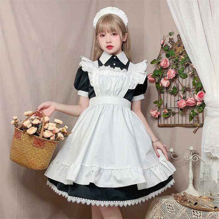 メイド服 高品質 エプロン ロリータ クラシック 膝丈 ワンピース コスプレ レディース 3点セット パフスリーブ ふんわり 可愛い メイド喫茶 メイドカフェ 制服 ロリィタ Lolita ゴス