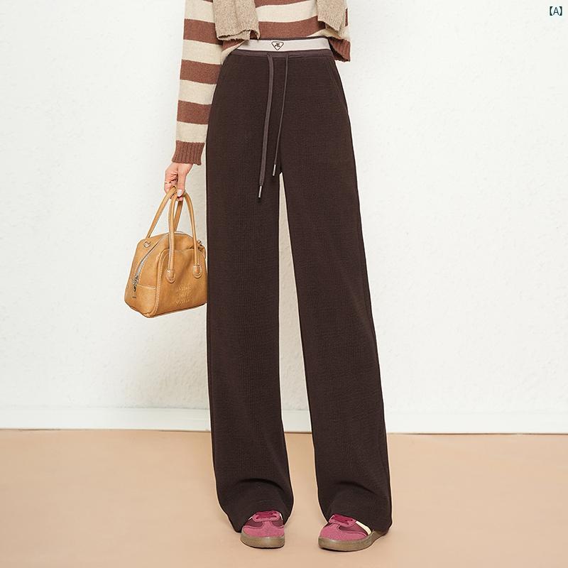 レディース ブラウン コーデュロイ ワイド レッグ パンツ 秋冬 カジュアル スリム ストレート フロア レングス