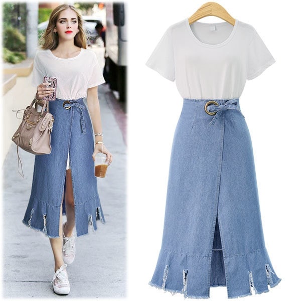 3205.ミモレ丈 デニムラップスカート＆Tシャツセット（ホワイト）2019 春夏 sale カジュアル 普段使い