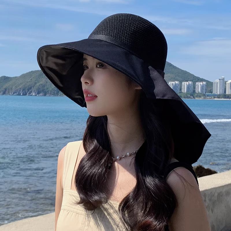 帽子女漁夫帽子夏の新型日よけUVカット大つば肩掛けネックカバー太陽帽子【ブラック】