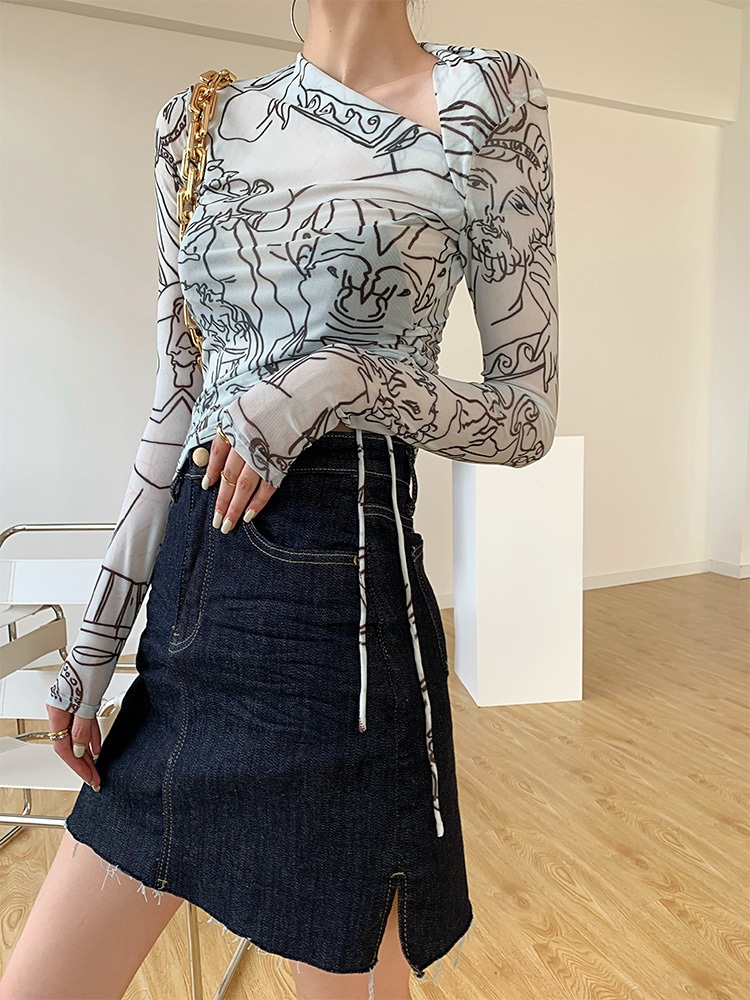 レディース ファッション 個性的なデザイン プリント シャツ セクシー メッシュ 長袖 Tシャツ トップ 婦人服 ＳＭＬ トップス 袖あり かわいい 大人可愛い きれいめ シンプル カジュアル 大人