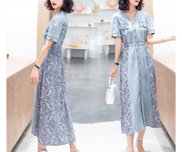 レディース ワンピース プルオーバー デニム デニムワンピース ロング 半袖 Vネック Aライン シフォン ウエストマーク ハイウエスト ウエストゴム 切り替えデザイン ドッキング ストレッチ 伸縮性