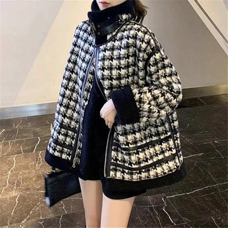 ラムズウール 厚手 冬 ジャケット 千鳥格子 騎士風 ライダース コート ボア ムートン メガ割30%までに制限