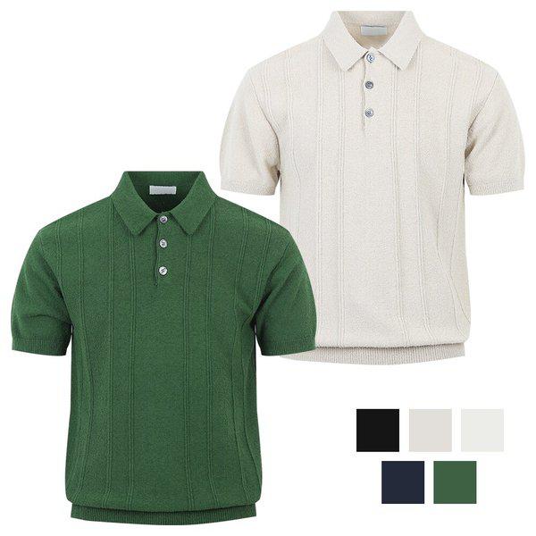 メンズロープカラーネックブークル半袖ニットTシャツ AT-KNH-Q034-ネイビー
