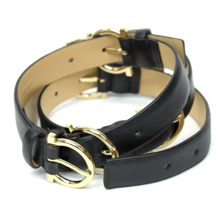 ﾌｪﾗｶﾞﾓ Ferragamo ﾍﾞﾙﾄ 黒革 ｶﾞﾝﾃｨｰﾆ金具 ｺﾞｰﾙﾄﾞ 【中古】 (29664)