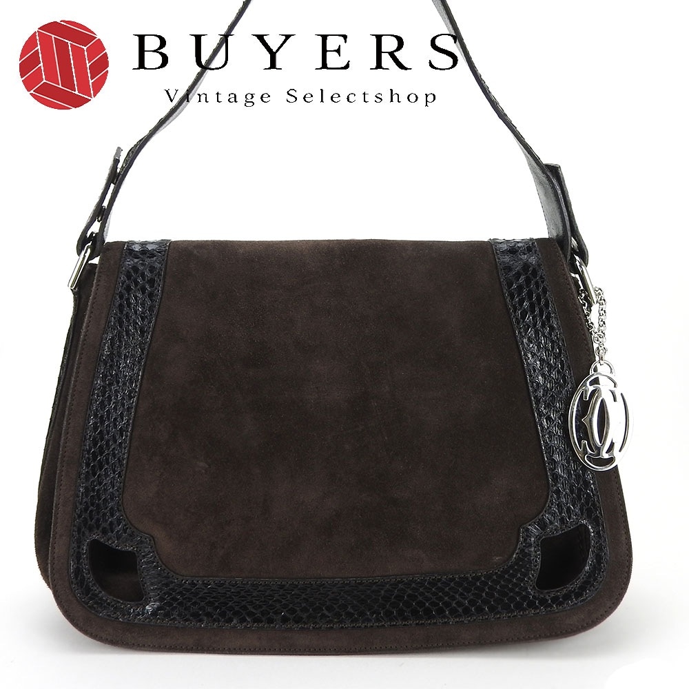 中古カルティエ ワンショルダーバッグ スエード パイソン レザー 革 ダークブラウン 茶 普段使い シルバー金具 レディース 女性 Cartier shoulder Bag brown Leath