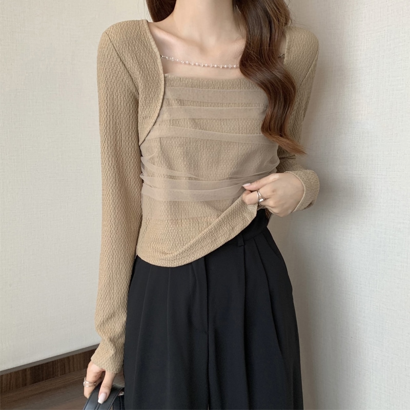 トップス カットソー 袖あり 長袖 スクエアネック チュール シフォン ドッキング 異素材MIX かわいい 大人可愛い おしゃれ お洒落 かっこいい レトロ 大人女子 ラブリー キュート ガーリー