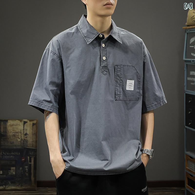 ポロシャツ 夏 綿 メンズ シャツ アメリカン レトロ 半袖 カジュアル ワークウェア 五分袖 ポケット ウォッシュド 都会的 毎日 コットン テキスト 男性用