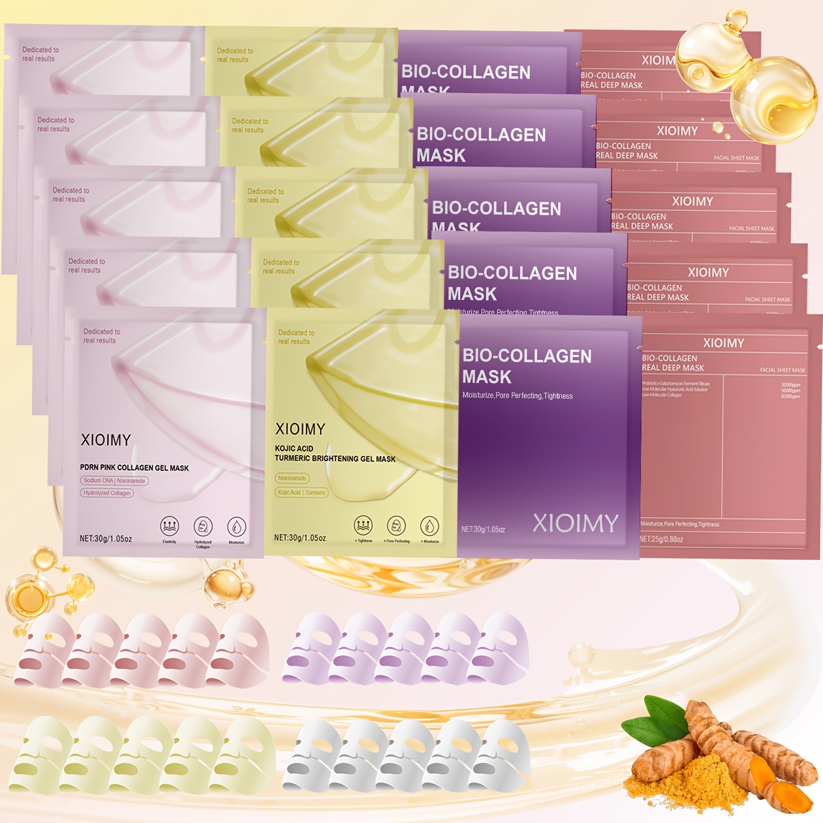 20枚入り コラーゲン・サーモンDNA・ターメリック酢酸 多機能フェイシャルマスクセット 深層保湿 肌の弾力アップ ライトベージュに輝きを与える 瞬間的な美白 フェイスケア マスク