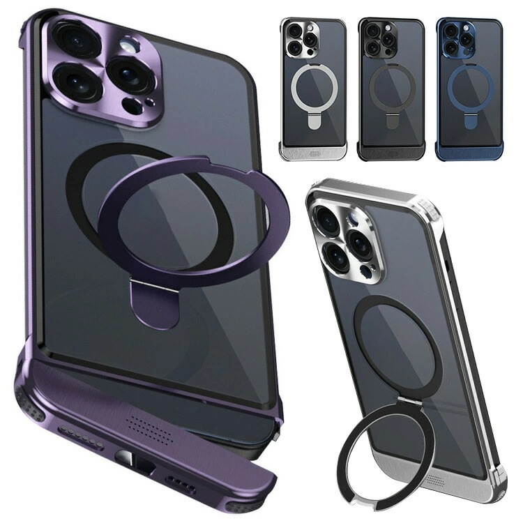iPhone16 ケース アルミ バンパー カバー バックパネル付き かっこいい アルミバンパー 一体型リング付き スタンド機能 ロック付き カメラ保護 クリア 透明 iPhone 16 Plus/1
