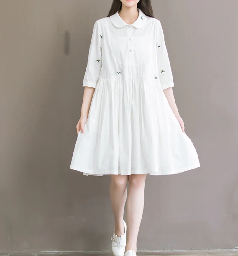 ワンピース シャツワンピース 膝丈 ひざ丈 膝上 袖あり 5分袖 五分袖 ラウンドネック 襟付き Aライン 刺繍 フリル ハイウエスト 前開き 薄手 かわいい 大人可愛い きれいめ シンプル