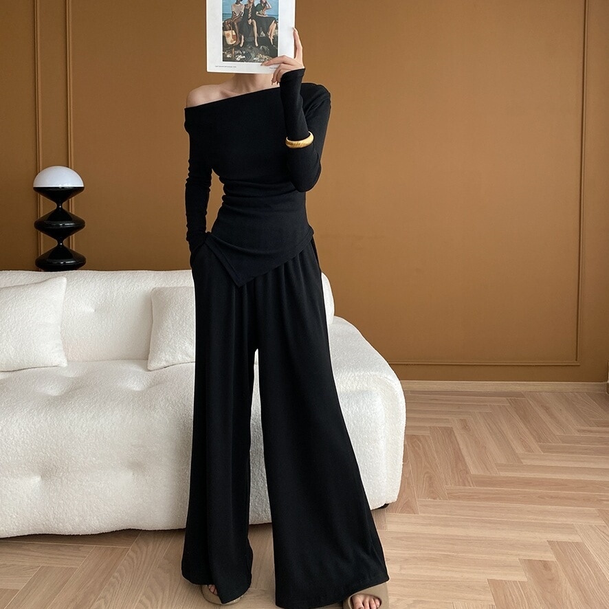 2点セット セットアップ トップス ミディアム丈 プルオーバー 長袖 オフショルダー タイト ロングパンツ ワイド ポケット ウエストゴム かわいい 大人可愛い きれいめ シンプル 上品 おしゃれ 8,012円