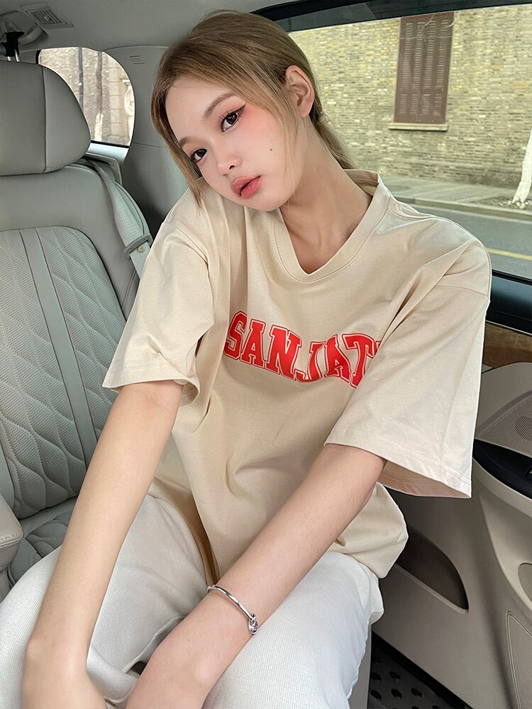 Tシャツ カットソー レディース 半袖 Uネック かっこいい ボーイッシュ ストリート ラフ かわいい 大人可愛い カジュアル 英字 夏 学生 アプリコット ブルー グレー ブラック トップス