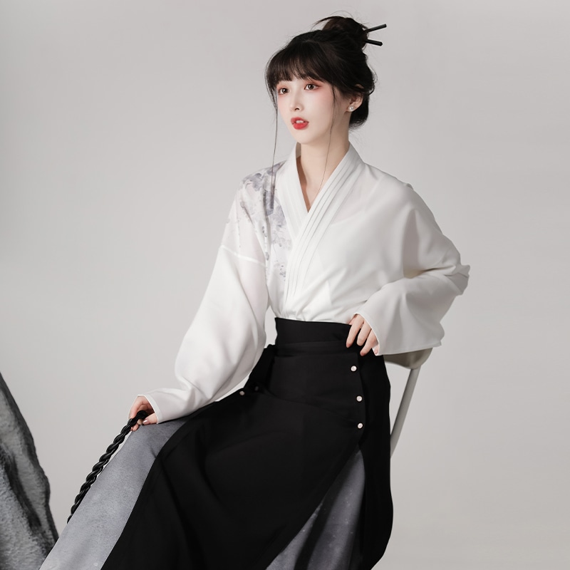 漢服セットアップ チャイナ風セット 普段着 改良漢服 ホワイトトップス 切り替えスカート ロングコート コスチューム 文化祭 撮影服 演出服 通勤